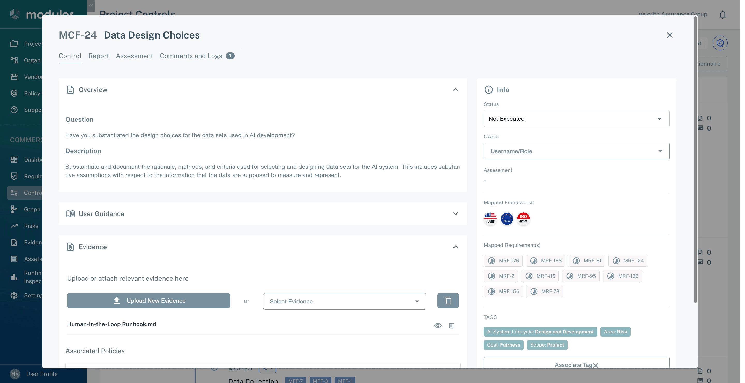 Assessment and control execution in the Modulos platform
