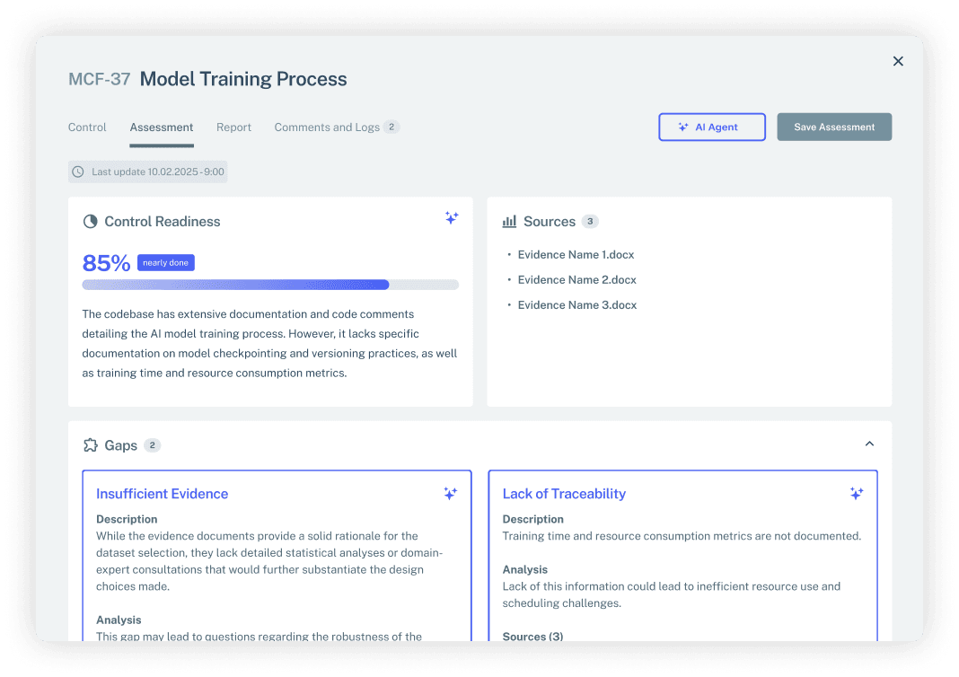 Control Assessment Agent showing automated evaluations and gap identification