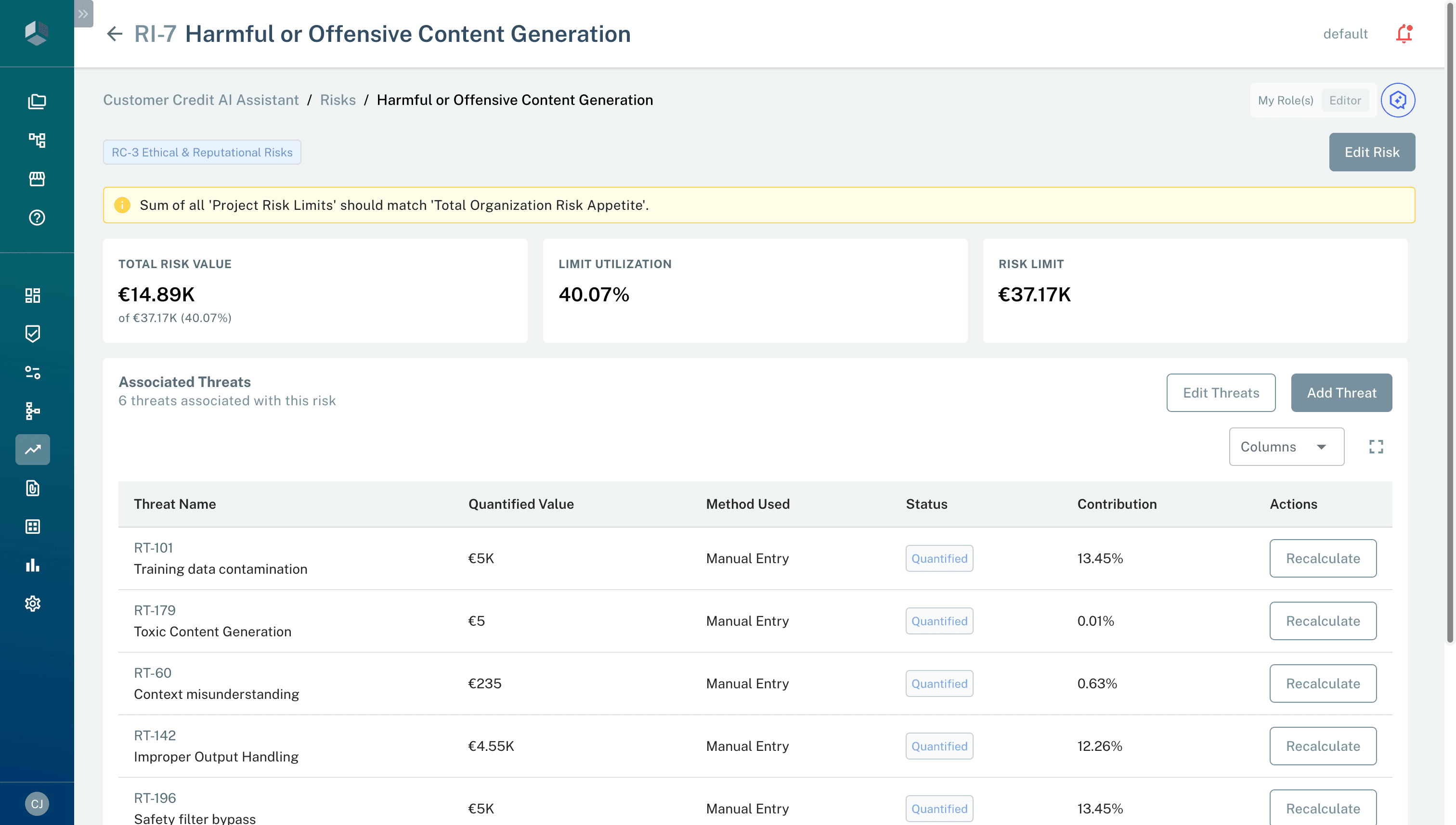 Risk detail view with linked controls and evidence