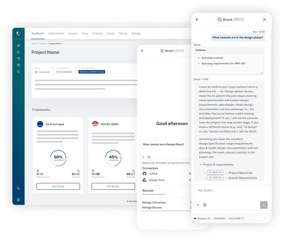 Scout Assistant chat interface showing compliance questions and contextual answers