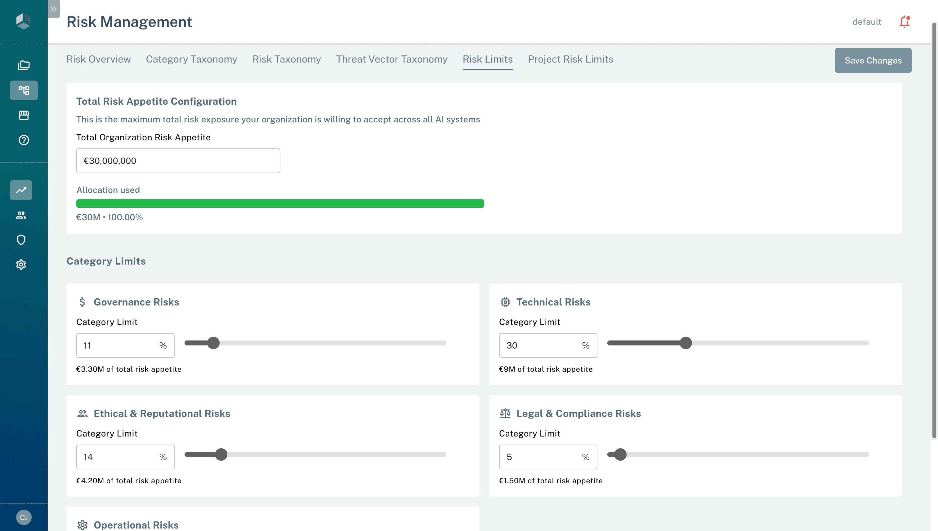 Risk appetite configuration with limit alerts