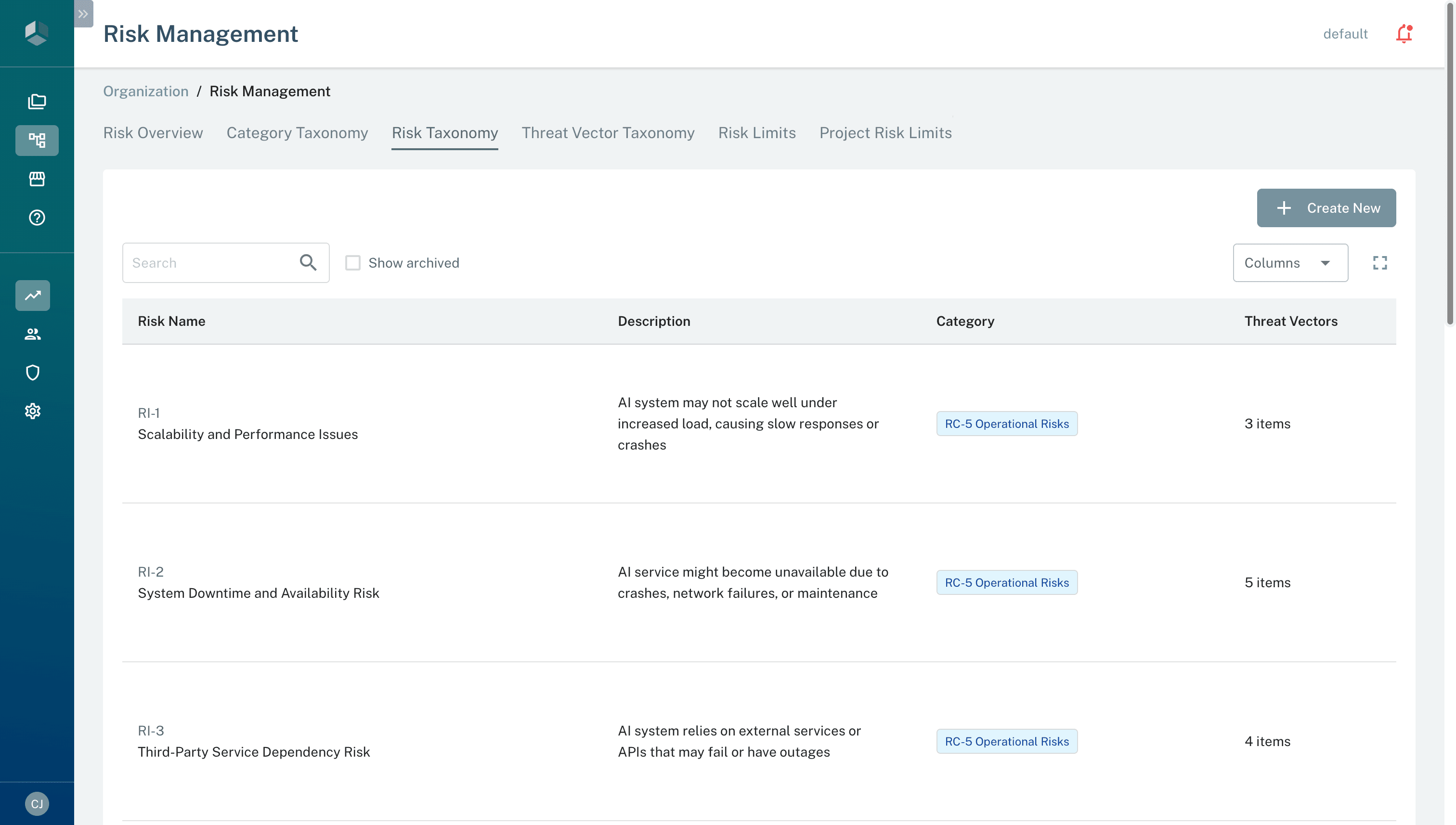 Risk taxonomy browser with category hierarchy