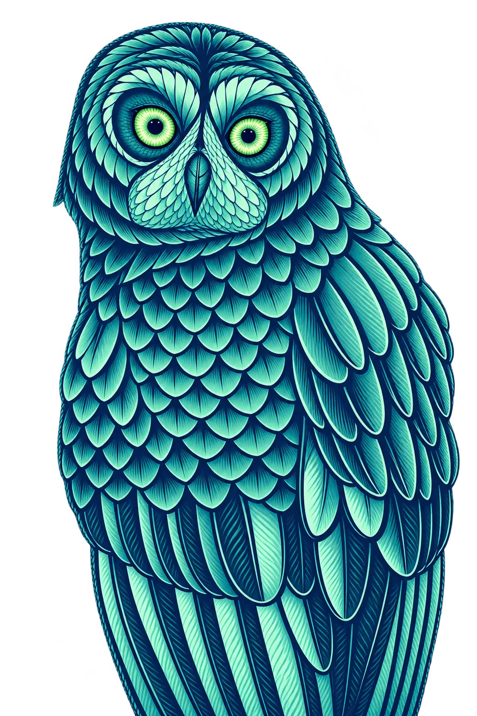 A stylized owl with layered mint feathers and bright eyes against navy, a visual nod to Nick Bostrom’s Superintelligence.