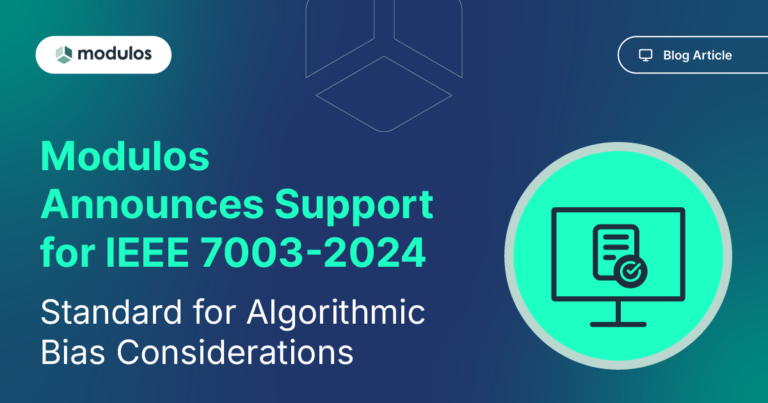 Modulos announces support for IEEE 7003-2024, the Standard for Algorithmic Bias Considerations. The image features the Modulos logo, a blog article label, and an icon of a computer screen with a checklist, set against a dark blue gradient background.